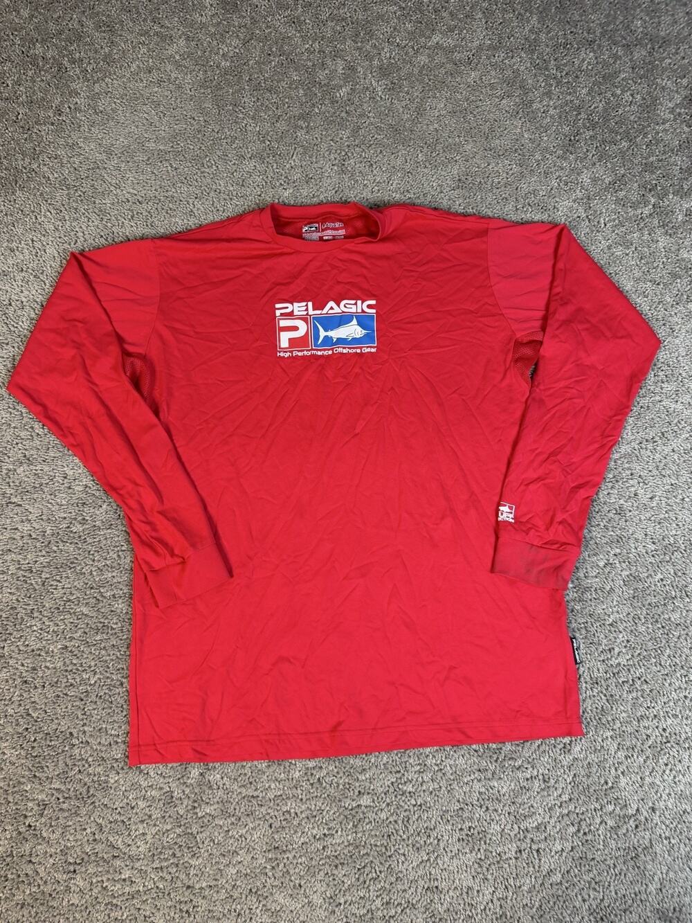 Pelagic Shirt Mens M Red Graphic Crew Neck Nylon Long Sleeve Tagless UPF
